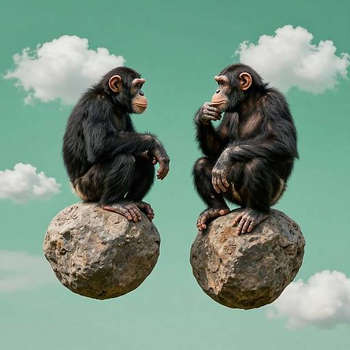 Photorealistic digital art of two black-furred, human-like baboons sitting on rocks, facing each other, against a turquoise sky with fluffy white
