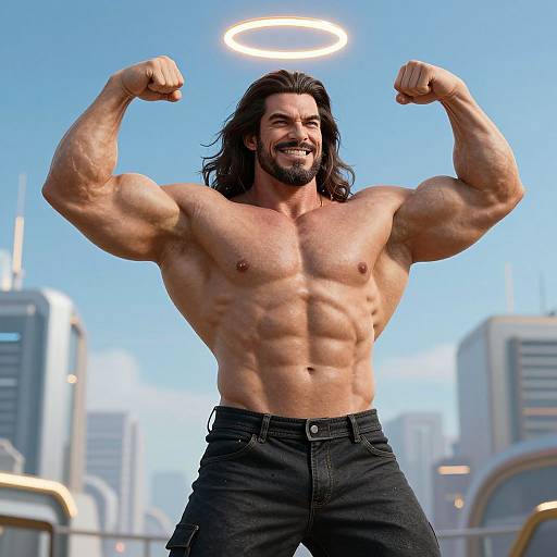 Photograph of a muscular, smiling man with long dark hair, flexing his biceps, wearing black pants, halo above head, cityscape background