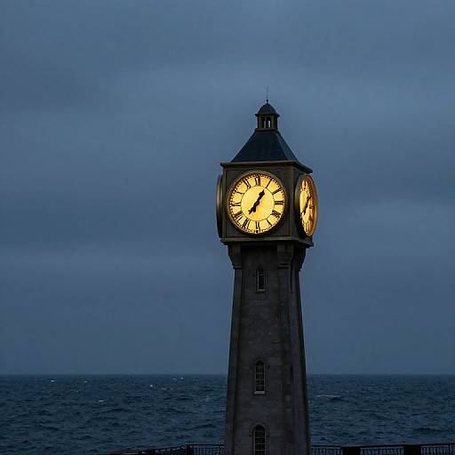 Photograph of a tall, dark stone clock tower with glowing yellow clock face against a moody, overcast blue sky and dark ocean.