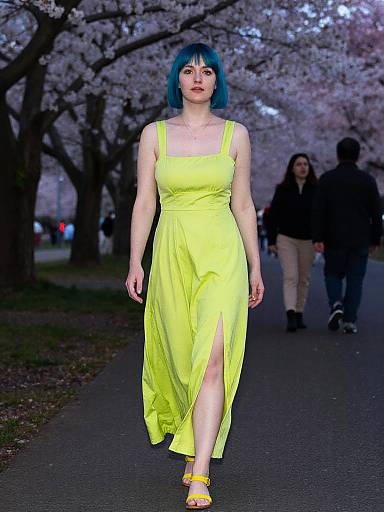 Photograph of a blue-haired woman in a bright yellow, sleeveless dress with a thigh-high slit, walking on a cherry blossom-lined path with blurred