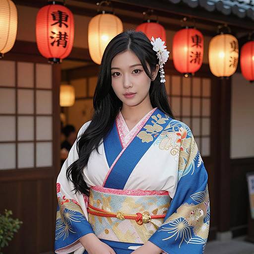 Photograph of an Asian woman with long black hair, wearing a blue and white floral kimono, adorned with a white flower, standing in front of