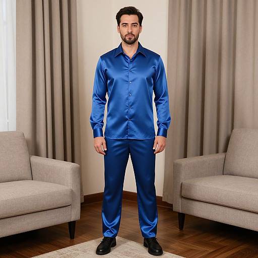 Photograph of a bearded man with short dark hair, wearing a bright blue satin shirt and matching pants, standing between two gray armchairs,