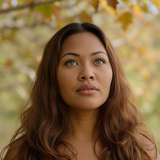 Photograph of a young woman with long, wavy brown hair, light brown skin, green eyes, and neutral expression, set against a blurred autumn