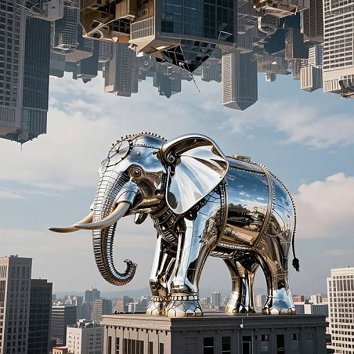Photorealistic digital artwork of a shiny, mirrored elephant statue amidst a bustling cityscape, surrounded by tall, modern skyscrapers.