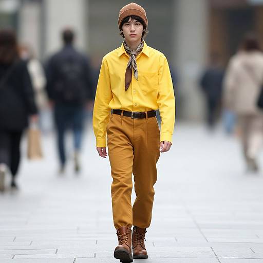 Photograph of a young man in a vibrant yellow shirt, mustard pants, brown boots, and brown beanie walking down a city street. Blurred
