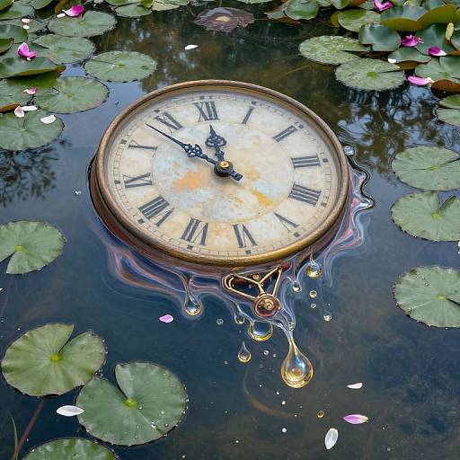 Vintage clock submerged in a pond, surrounded by lily pads and floating pink petals, with water droplets and reflections.