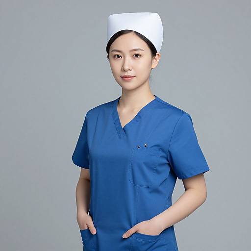 Photograph of an Asian woman with fair skin, black hair in a bun, wearing a white nurse cap and blue scrubs, standing against a plain
