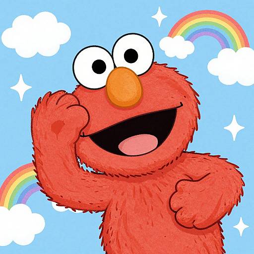 Colorful cartoon of red, fuzzy Elmo-like character with big eyes, orange nose, and open mouth, waving against a blue sky with rainbows
