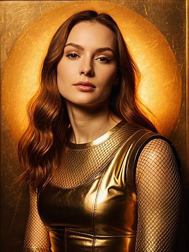Woman with Gold Metallic Dress and Fishnet Sleeve