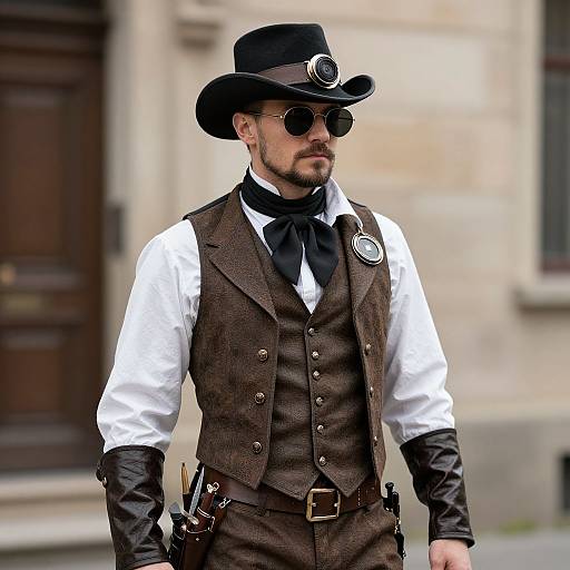 Photograph of a bearded man in Victorian steampunk attire: black top hat, round sunglasses, brown vest, white shirt, black bow tie