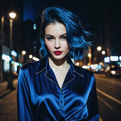 Woman with Midnight Blue Hair in Satin Blouse at Night