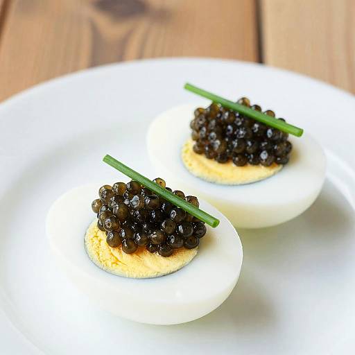 Photograph of two hard-boiled egg halves on a white plate, topped with dark purple pickled grapes and a green onion slice. Wooden table background