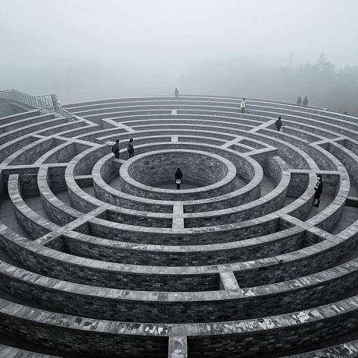 Photograph of a foggy, multi-tiered stone maze with five small, distant figures walking along the circular paths.