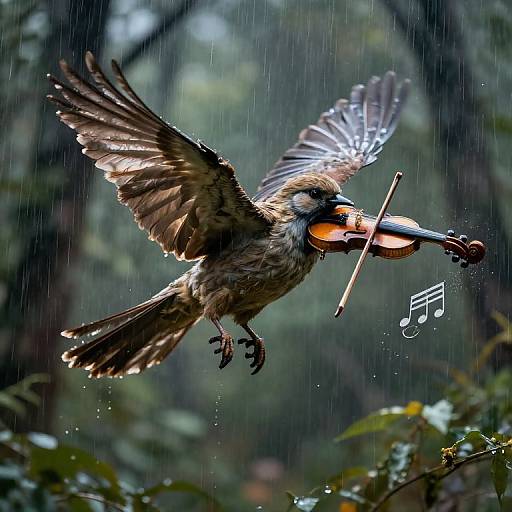 Photograph of a bird mid-flight in rain, holding a violin bow and note in its beak, with blurred forest background.