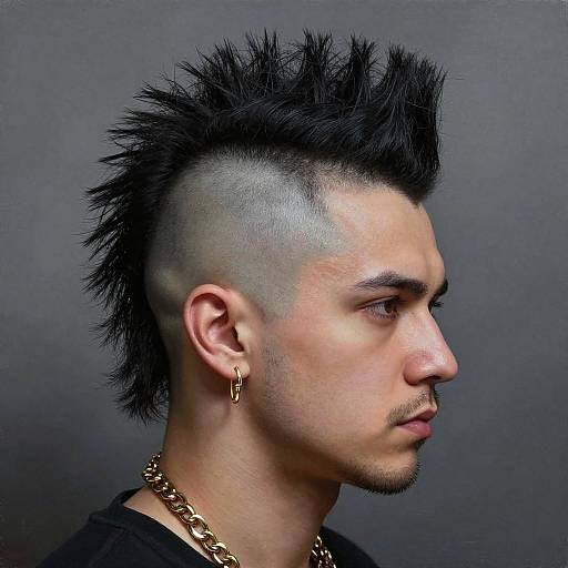 Photograph of a pale-skinned man with a spiked black mohawk, undercut, gold earring, chain necklace, and black shirt, looking to
