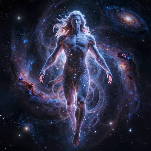 Digital artwork of a glowing, ethereal, nude male figure with flowing hair, floating in a cosmic, star-filled space, surrounded by swirling nebula
