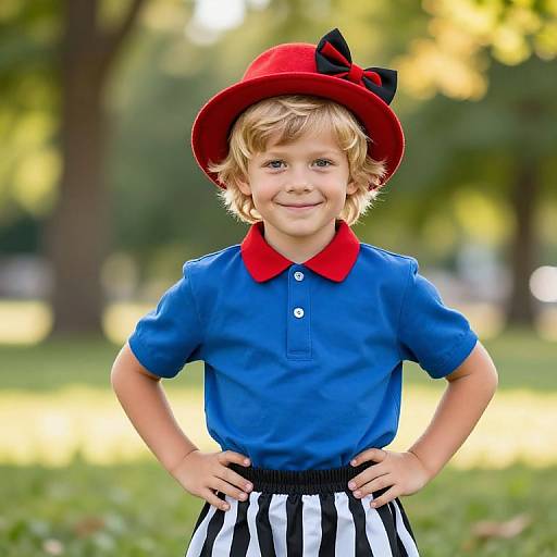 Photograph of a young boy with blond hair, blue polo shirt, red collar, red hat with black bow, and black-and-white striped skirt,