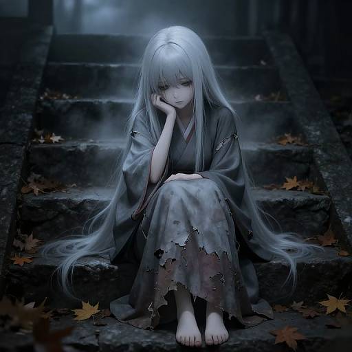 Digital anime-style artwork of a melancholic, long-silver-haired girl in tattered kimono, sitting on dark, leaf-strewn stone steps
