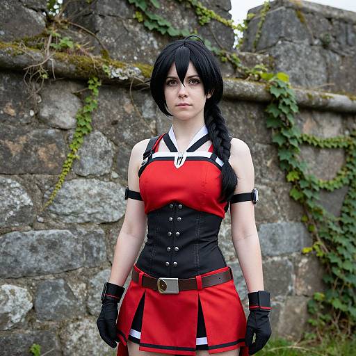 Digital photograph of a young woman with pale skin and black hair in a braid, wearing a red and black cosplay outfit, standing against an old stone