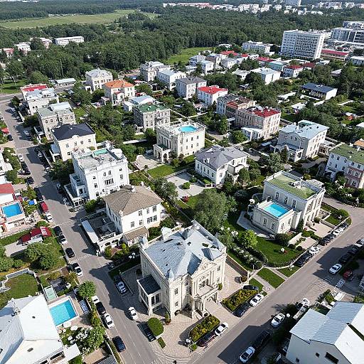 Aerial photograph of a suburban neighborhood with white and colorful rooftops, green trees, and streets, surrounded by a forested area.