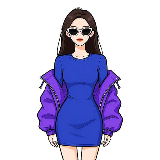 Digital anime-style drawing of a fair-skinned woman with long black hair, wearing a blue dress, purple jacket, and white sunglasses.