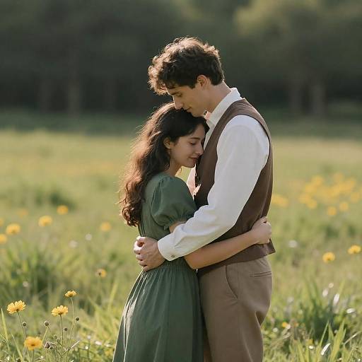 Couple Embracing in Sunlit Field