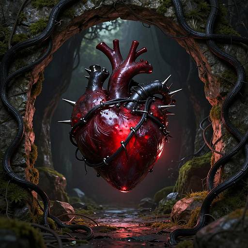 Digital artwork of a glowing, spiked, black and red mechanical heart suspended in a dark, eerie forest tunnel with twisted vines.