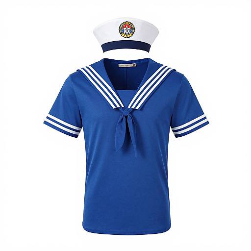Photograph of a blue sailor-style shirt with white stripes on the sleeves and collar, tied at the front, paired with a white sailor hat featuring a