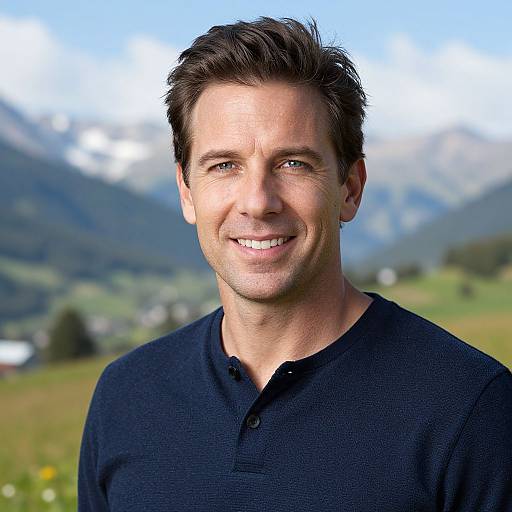 Photograph of a smiling middle-aged man with short dark hair, wearing a black henley shirt, set against a blurred mountainous landscape background.