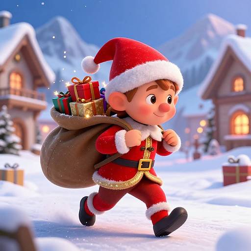 Christmas Elf Delivering Gifts in Snowy Village
