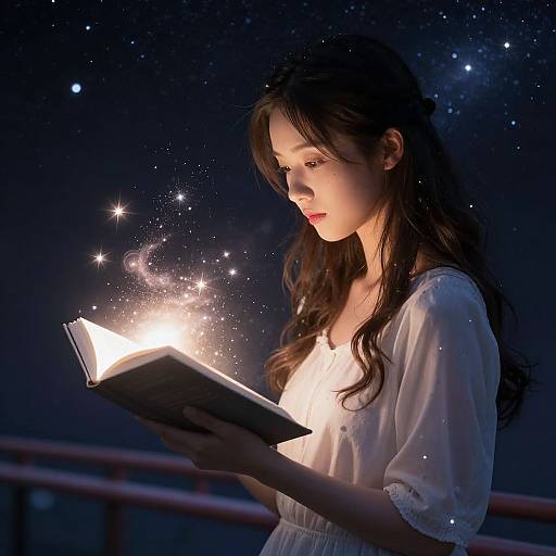Photograph of a young woman with long brown hair, wearing a white blouse, reading a glowing book under a starry night sky.