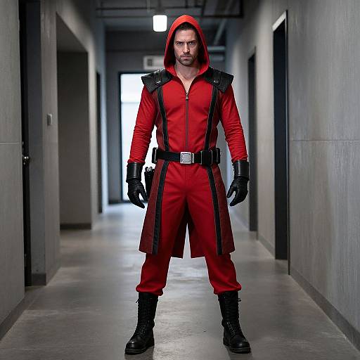 Photograph of a muscular man in a red hooded jumpsuit, black gloves, belt, and boots, standing in a dimly lit industrial corridor