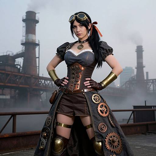 Steampunk woman with black hair, goggles, corset, and gears in an industrial background; standing confidently with hands on hips. Digital art.