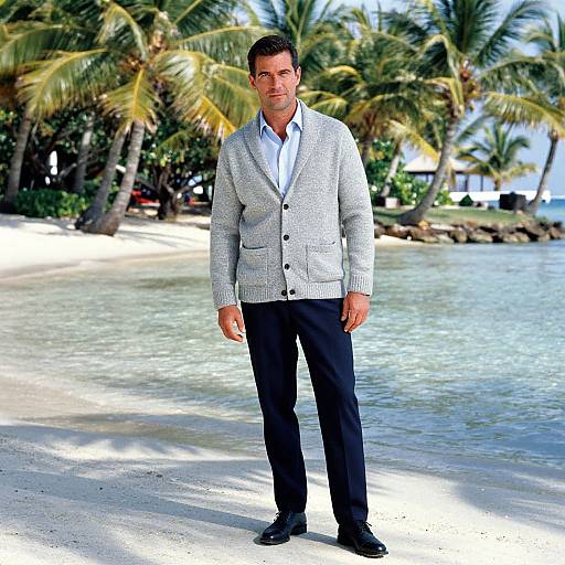Photograph of a handsome, middle-aged man with short dark hair, wearing a light gray cardigan, white shirt, and black pants, standing on