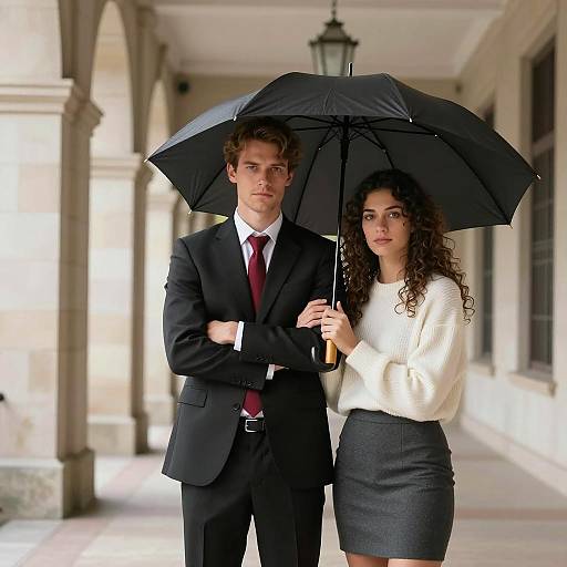 Serious Couple Under Black Umbrella