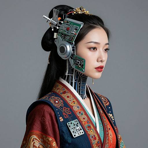 Digital artwork of an East Asian woman in a traditional kimono with cybernetic headgear, featuring intricate circuits and mechanical elements, against a gray background