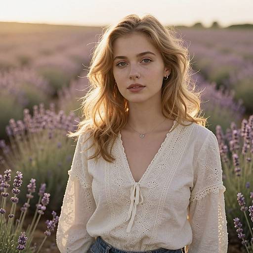 Photograph of a young woman with wavy blonde hair, wearing a white embroidered blouse, standing in a lavender field at sunset.