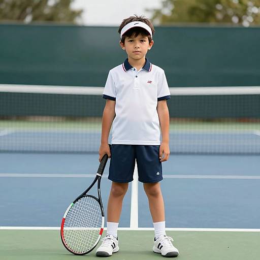 Photograph of a young Asian boy standing on a tennis court, wearing a white polo shirt, navy shorts, white socks, and sneakers, holding a