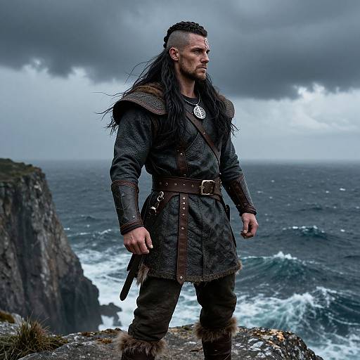Photograph of a muscular, long-haired man in Viking attire standing on a rocky cliff with stormy sea and waves in background.