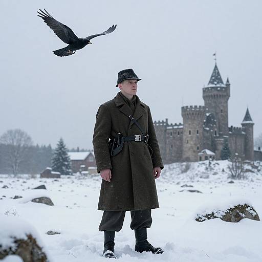 Photograph of a man in a black trench coat and hat, standing in snowy landscape, with a black crow flying above, and a stone castle in