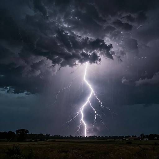 Photograph of a vivid, bright lightning bolt splitting a dark, stormy sky with heavy clouds, illuminating the landscape below.