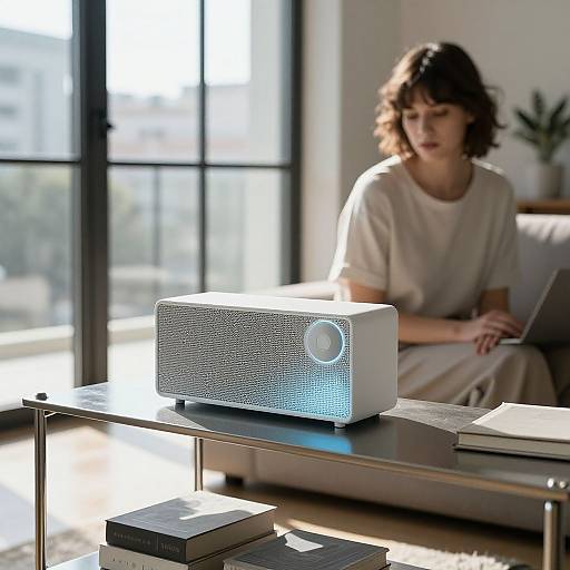 Photograph of a curly-haired woman in a white t-shirt, sitting on a couch in a sunlit room, looking at a white, textured wireless