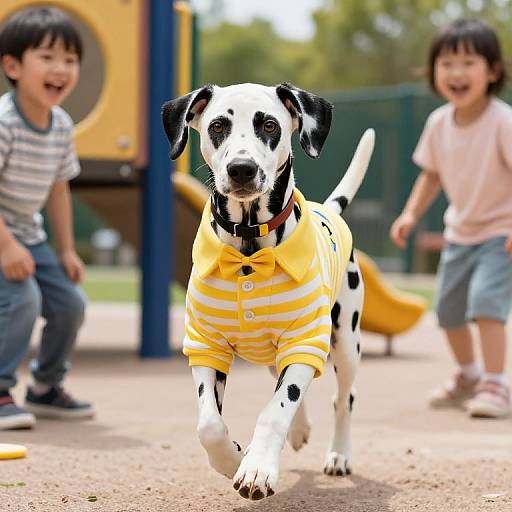 Photograph of a black-and-white Dalmatian puppy wearing a yellow-striped shirt, running joyfully in a playground with two laughing children in the