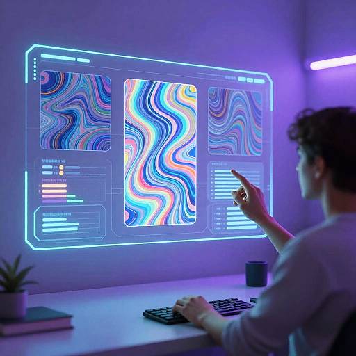 Photograph of a person with curly hair, wearing a light gray sweater, interacting with a glowing, neon blue, abstract-patterned digital display on a