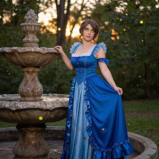Photograph of a woman in a blue, Victorian-style gown standing by a stone fountain in a twilight garden, with soft lighting and glowing orbs.