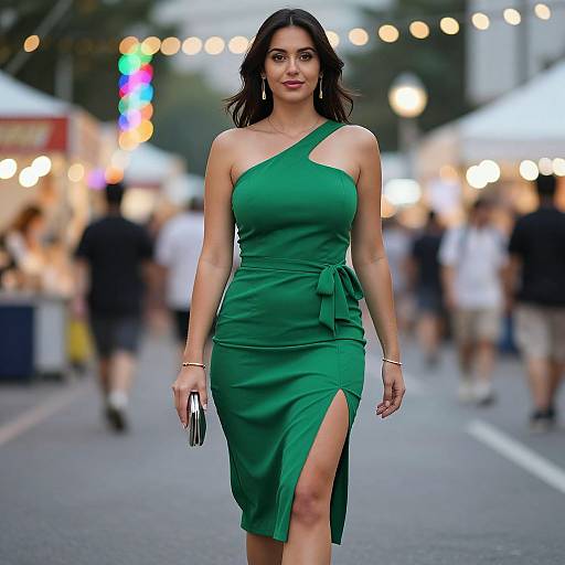 Photograph of a confident woman with dark hair, wearing a green, one-shoulder, high-slitted dress, holding a phone, walking on