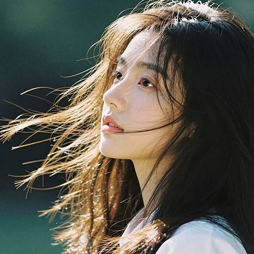 Photograph of an East Asian woman with long, wind-blown brown hair, illuminated by sunlight, looking thoughtfully to the side.