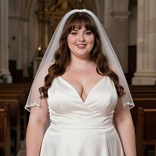 Photograph of a smiling plus-size bride with long brown hair, wearing a white satin dress with a deep V-neck, and a sheer veil, standing