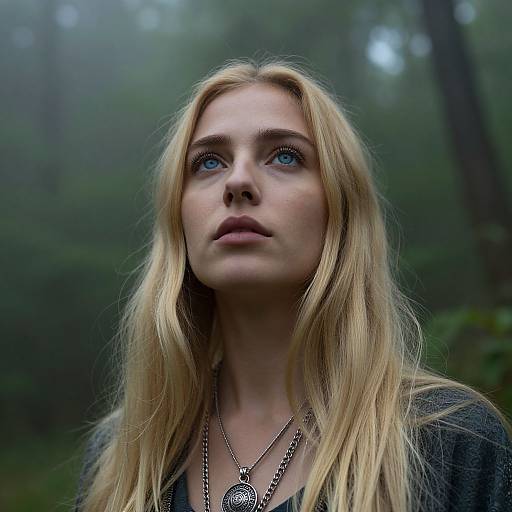 Photograph of a blonde woman with blue eyes, wearing a silver necklace, looking upwards in a misty forest. Background is blurred greenery. She