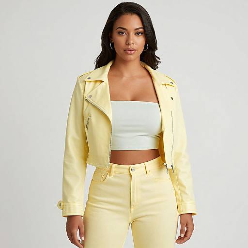 Photograph of a black woman with shoulder-length hair, wearing a yellow leather jacket, white tube top, and yellow high-waisted pants, standing